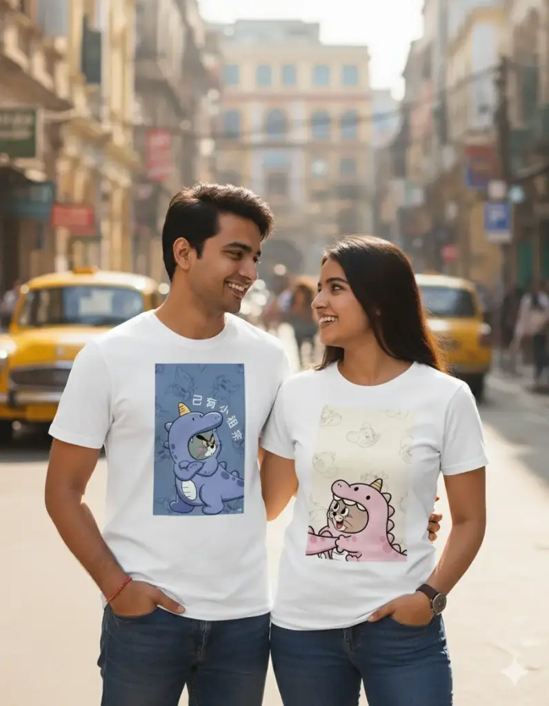 Product Set Name: The "Dino-Cat Love" Matching Couple T-Shirt Set (S)
