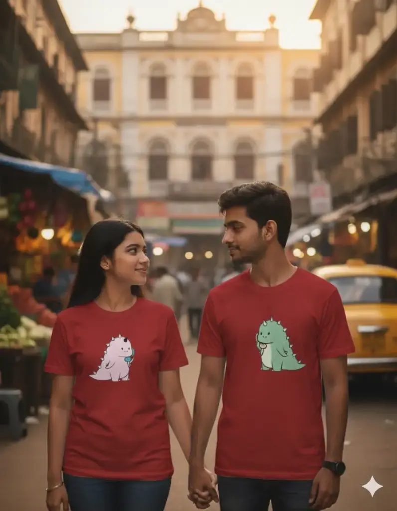 The "Snack-a-saurus" Cute Dino Matching T-Shirts for Couples (S, Red)