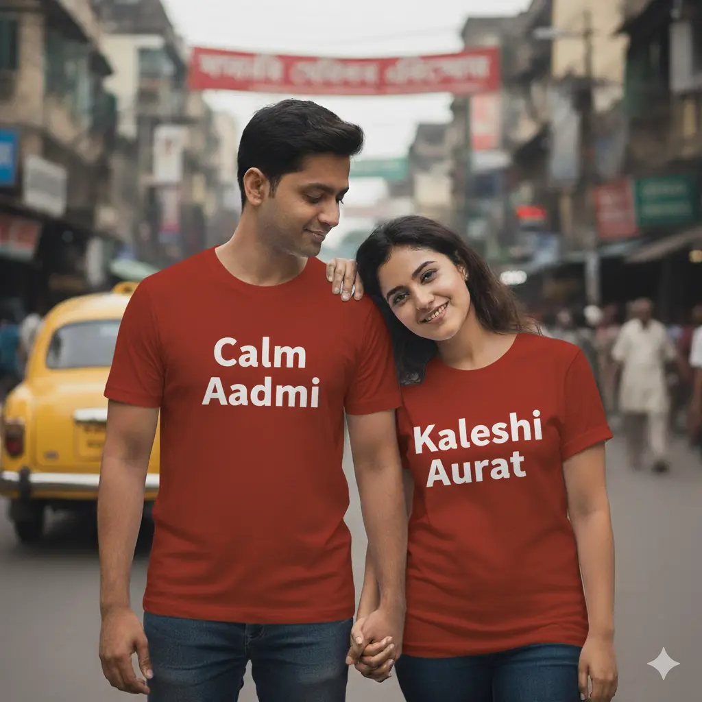 Calm Aadmi & Kaleshi Aurat Couple T-Shirt Set (Red, S)