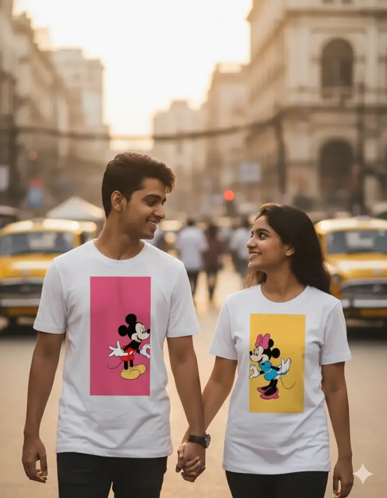 "The Iconic Duo" Mickey & Minnie Mouse Matching Couple T-Shirts (S, White)