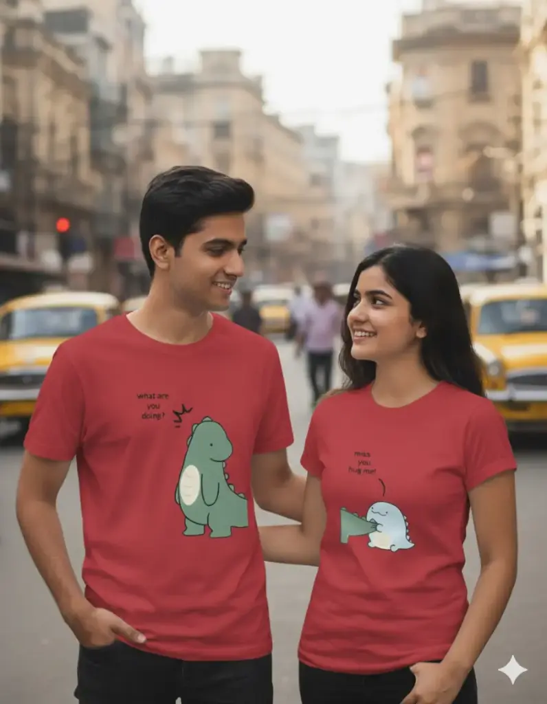 "The Dino Hug" Cute Conversation Couple T-Shirt Set (Red, S)