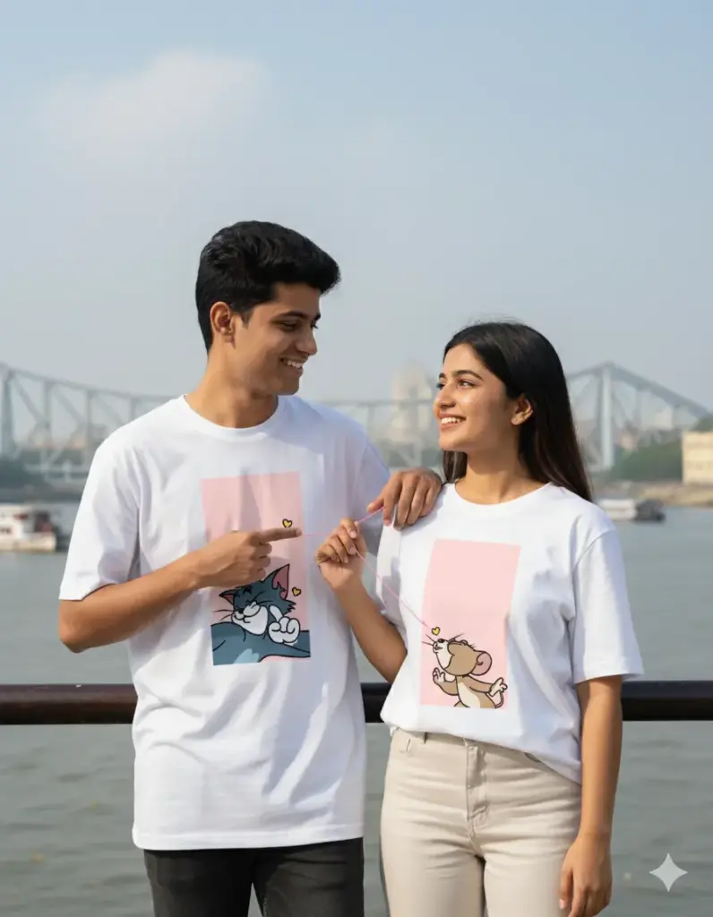 "Connected by Love" Cute Tom & Jerry Couple T-Shirt Set (S)