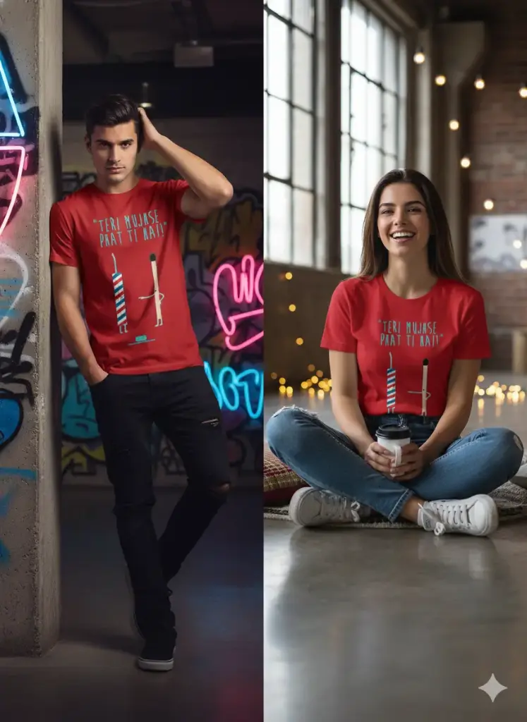 Diwali special "Teri mujhse phatti hai" graphic printed oversized blue tshirt for men and women (Red, S)