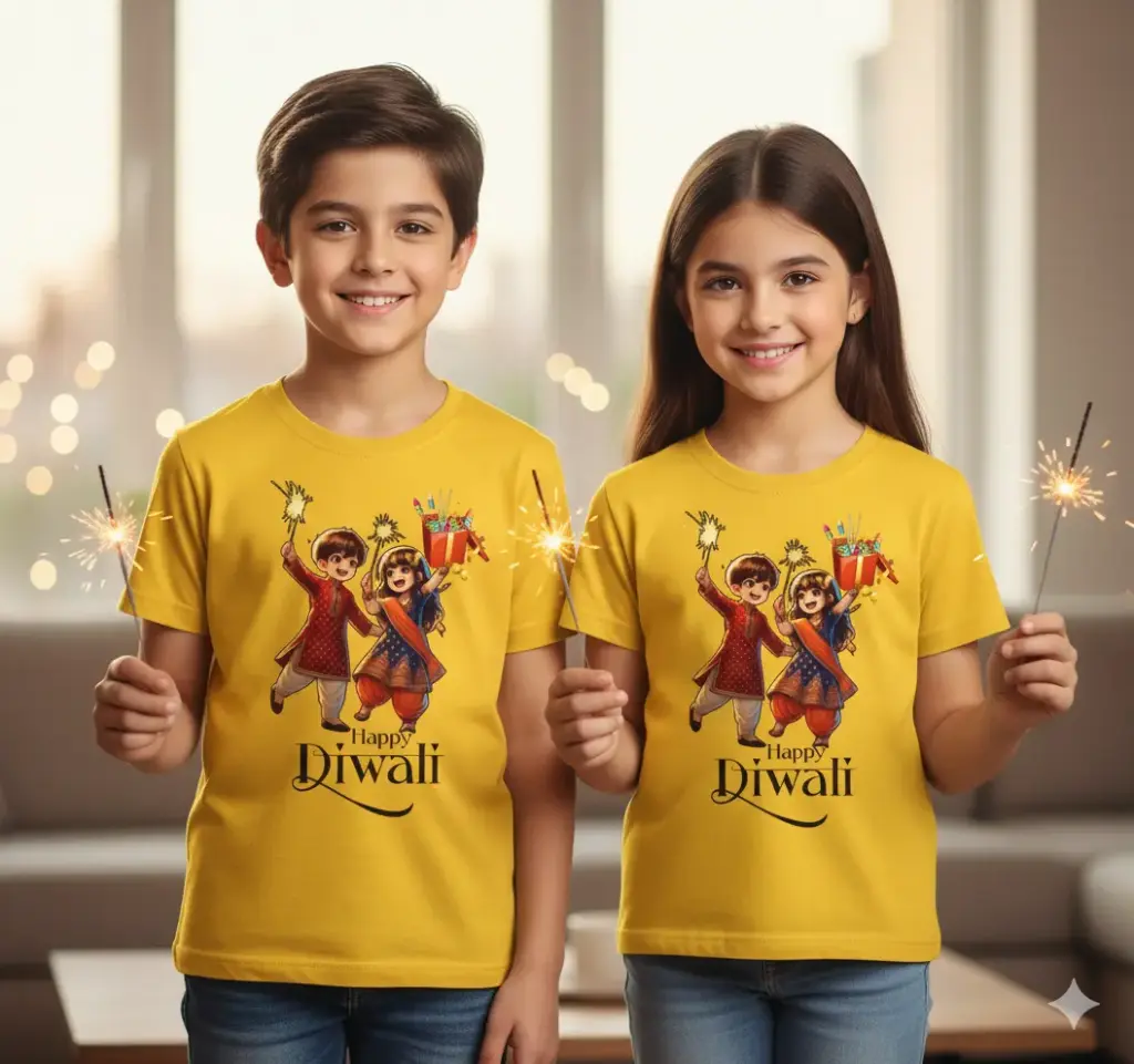T shirt for boys and girls new latest design happy diwali printed round neck mustard t-shirt for unisex kids boys and girls (0 to 12 month)