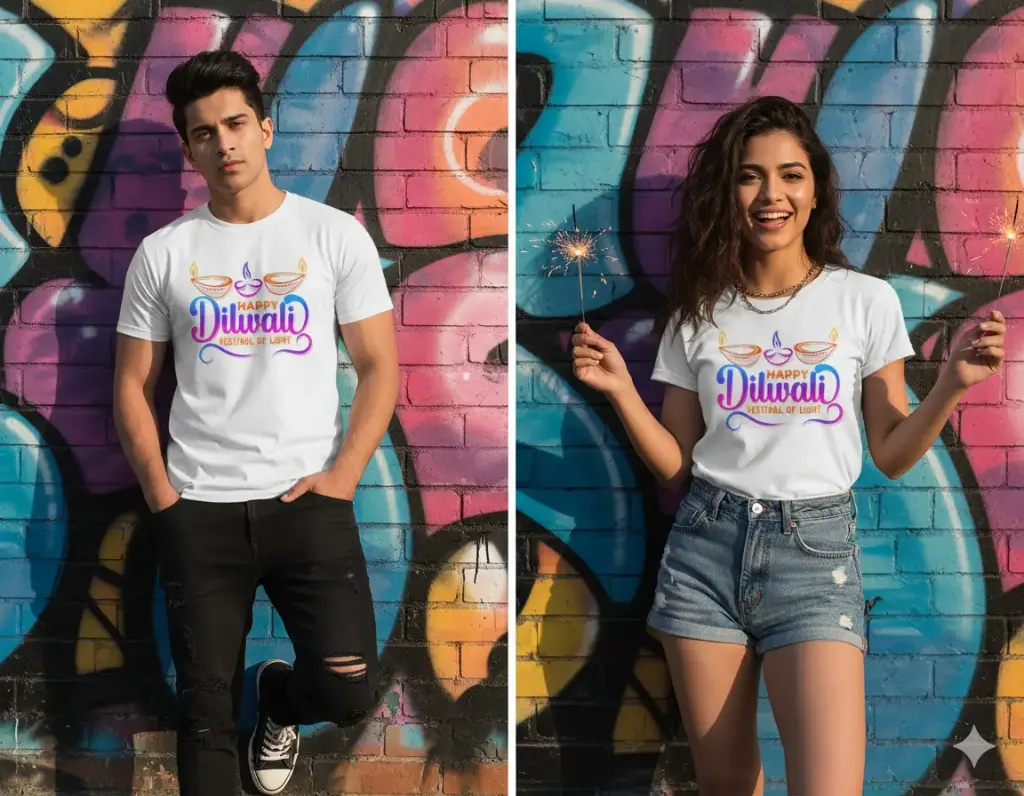 Happy Diwali 7 Round Neck White T Shirt For Men and Women (S)