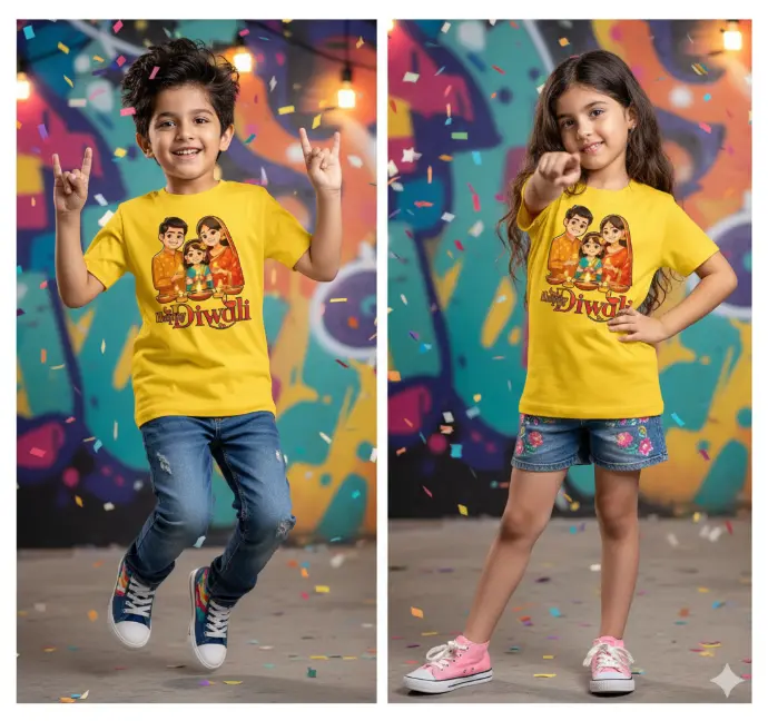 T shirt for boys and girls new trending design happy diwali printed round neck t-shirt for kids boys and girls | mustard colour happy diwali (0 to 12 month)