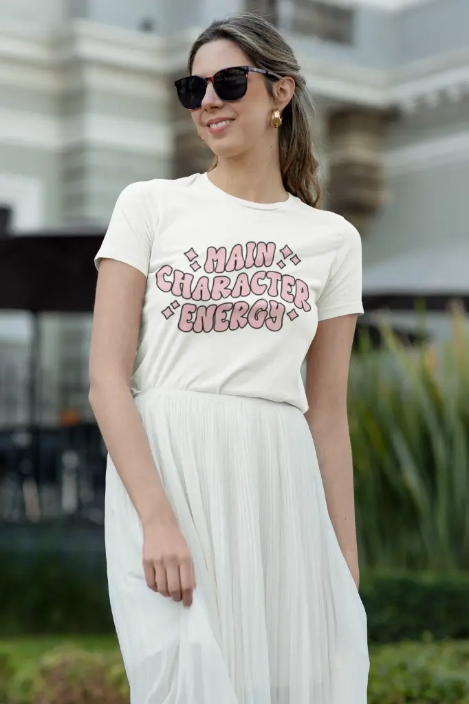 Women's blue main character energy graphic printed oversized tshirt (White, S)