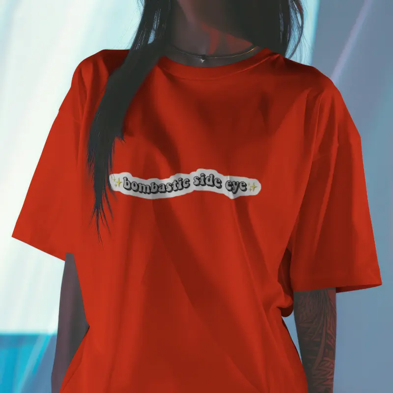 Women black bombastic side eye graphic printed oversized tshirt (Red, S)