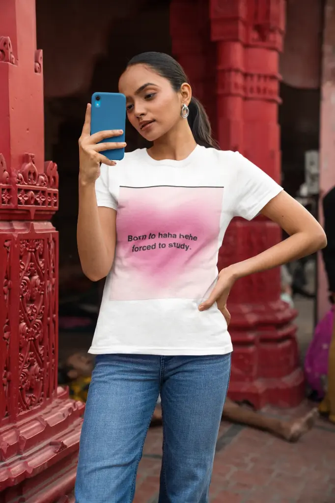 Women's   born to haha hehe forced to study graphic printed oversized tshirt (White, S)