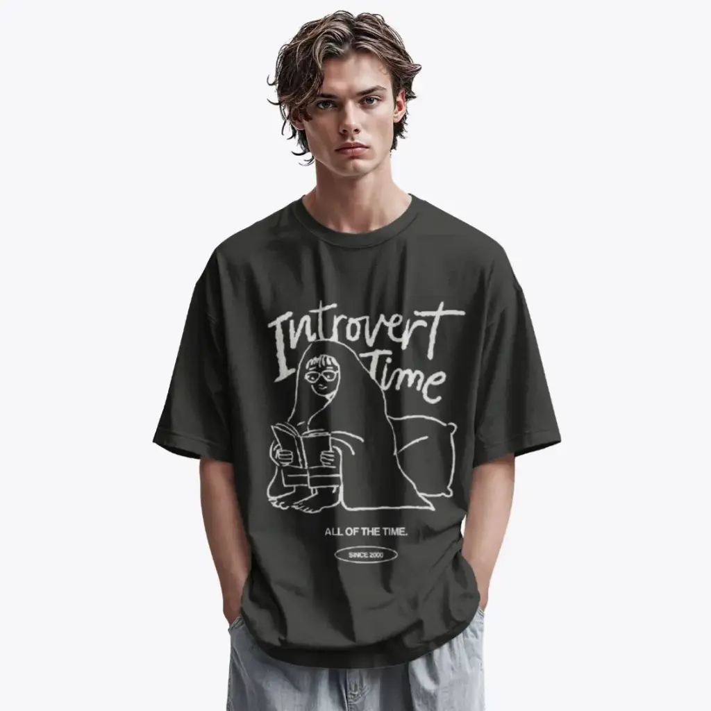 Men's black, introvert time graphic printed oversized / normal sized  tshirt (L)